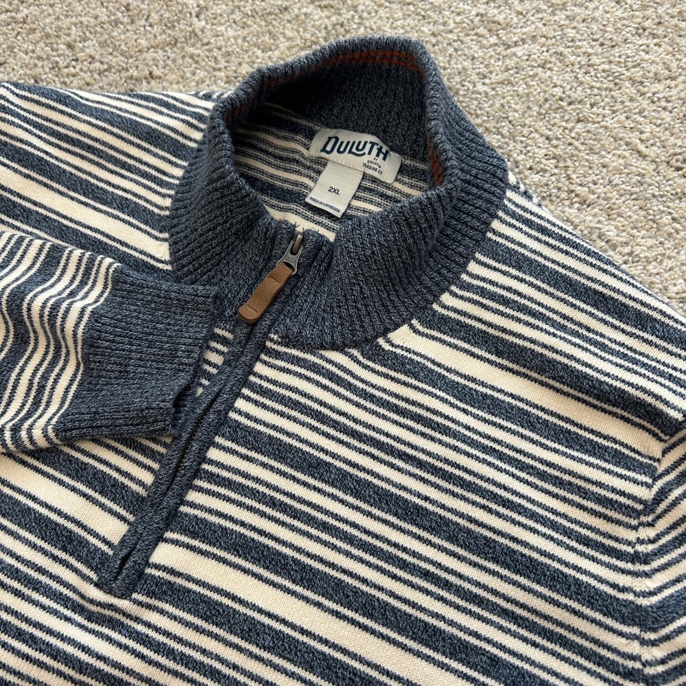 Duluth Trading Co Strongarm Quarter Zip Sweater 2XL Blue Striped Mock Neck